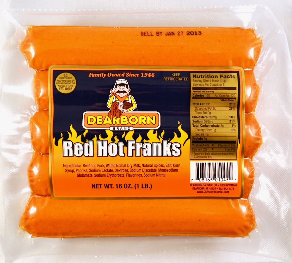 Latterlig håndtag Kemi Skinless Franks Red Hots 5 to 1 (10 lbs) - Dearborn Brand